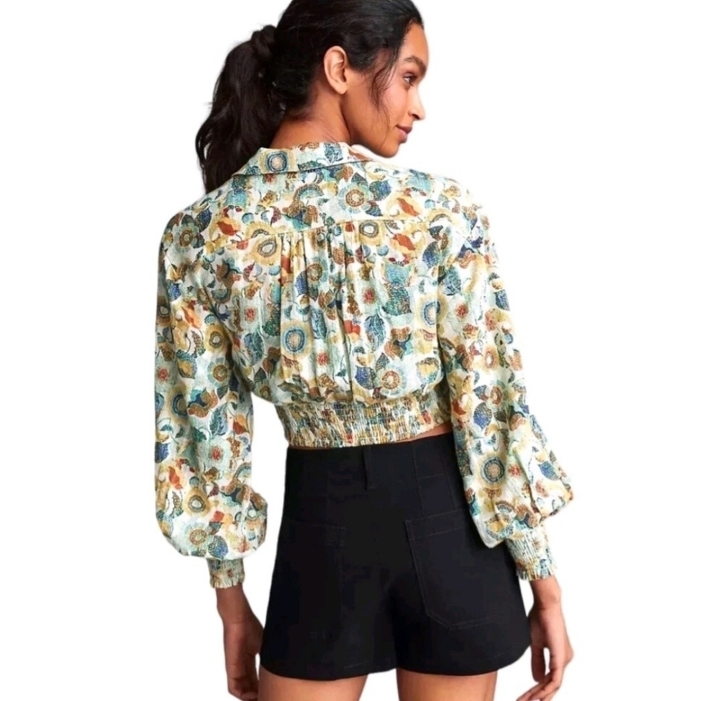 Anthropologie Twist Crop Top Blouse Long Sleeve‎ Floral Size LP